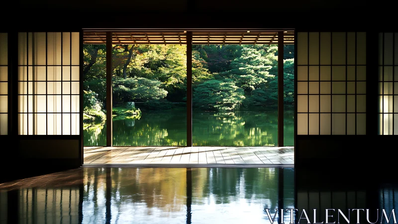 Interior frame aligns with exterior garden and pond view