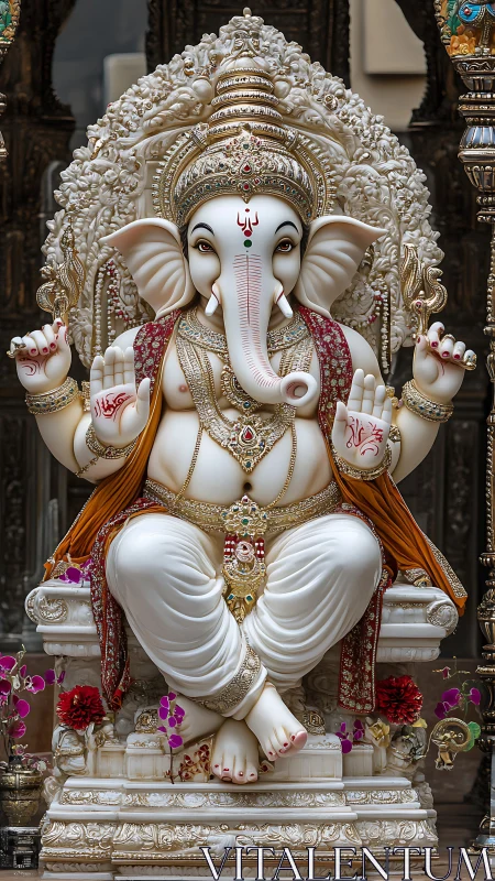 Polychrome marble Ganesha murti with ornate carved throne