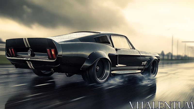 Classic black muscle car powers along wet coastal highway