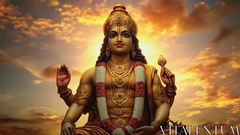 Golden deity statue sits frontally against glowing sunset sky