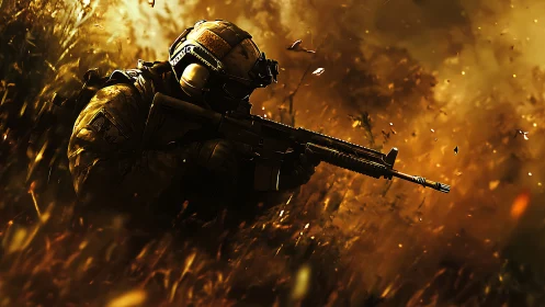 Soldier with rifle in dense field amid drifting debris.