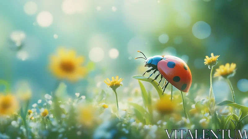 Ladybug rests on sunlit spring bloom in dreamy meadow glow
