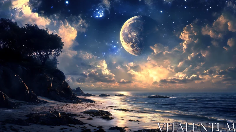 Cosmic moonrise over luminous fantasy ocean horizon.