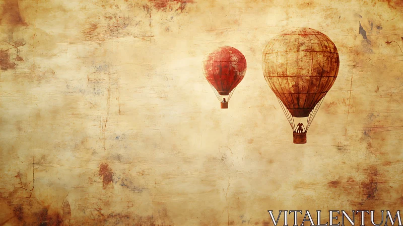 Two hot air balloons are depicted on a textured sepia field
