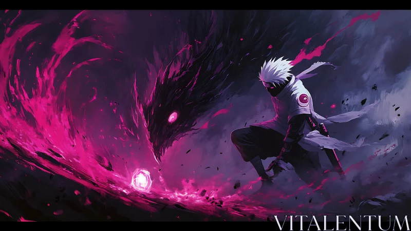 Masked warrior confronts swirling pink shadow energy storm.