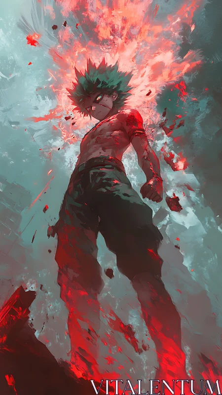 Explosive anime hero in low angle dynamic energy eruption