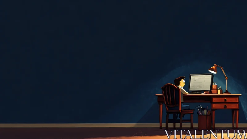 Night workspace scene isolates focused programmer at desk lamp