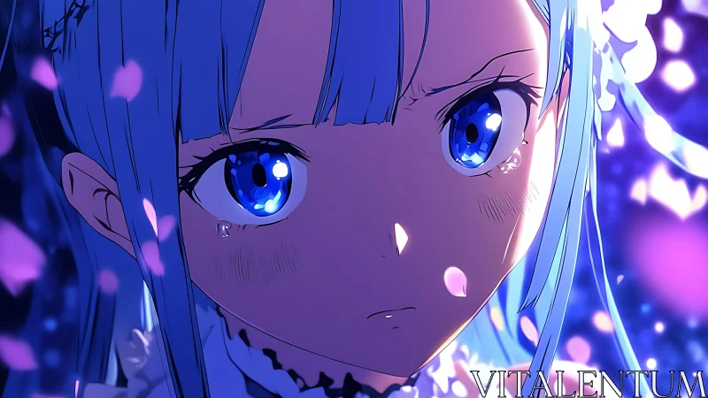 Blue haired anime girl crying amid glowing petals at night.