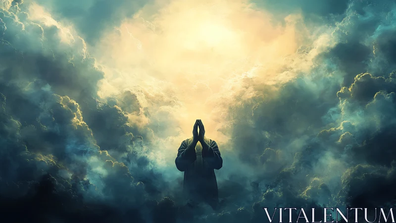 Silhouetted supplicant framed by volumetric clouds and radiance.