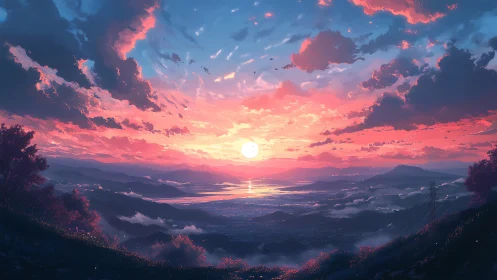 Gentle sunset glow over peaceful valleys and distant hills.