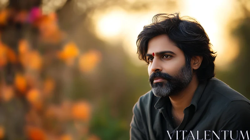 Thoughtful man with gray beard in warm sunset light.