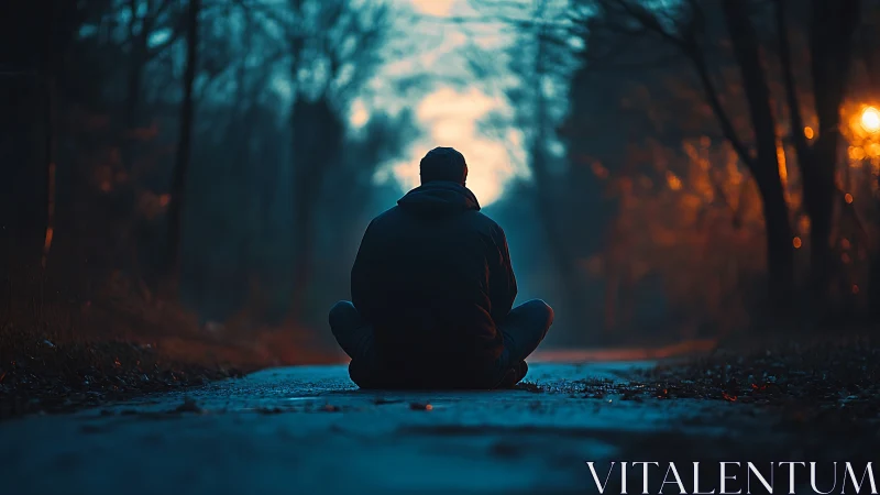 Person sits on empty forest path at dusk in cold light.