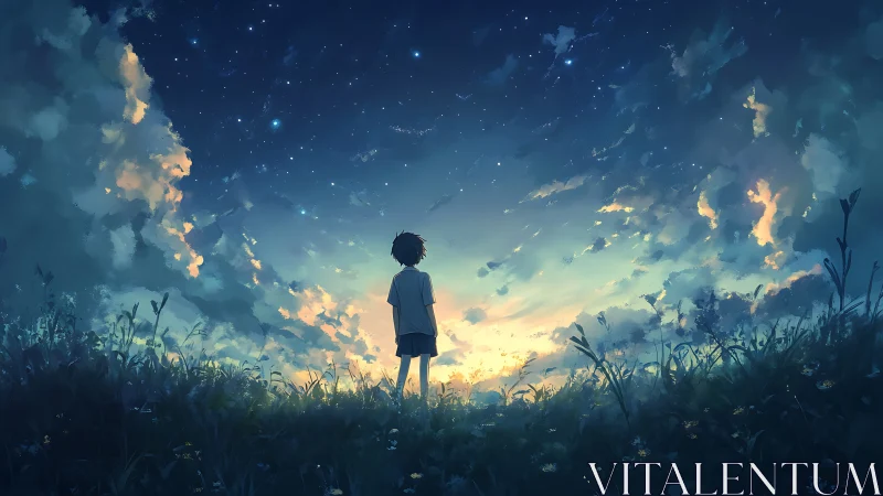Boy standing in twilight field under wide starry sky.