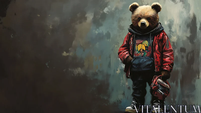 Urban streetwear bear in red jacket against abstract ground.