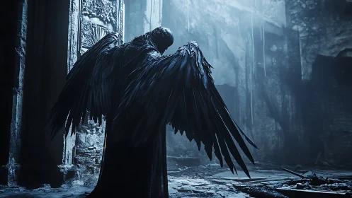 Dark winged entity hovers in decayed cathedral with volumetric light