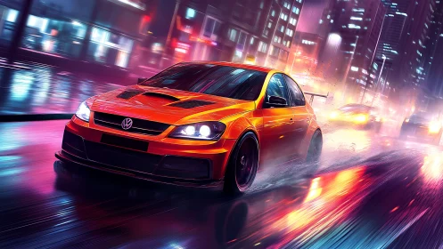 Cyberpunk street racer in neon-soaked urban downpour rendering.