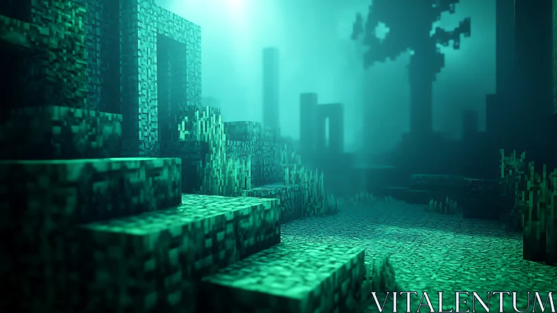 Underwater voxel ruins extend into a hazy teal distance