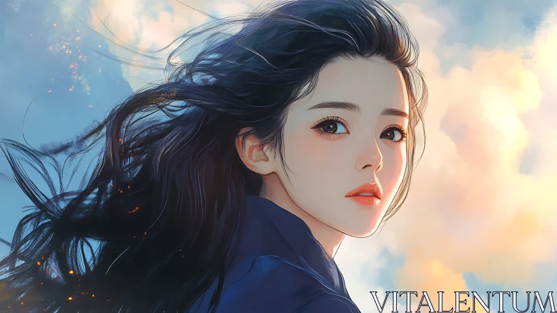 Skybound daydreamer with wind-tossed midnight hair gazing back.