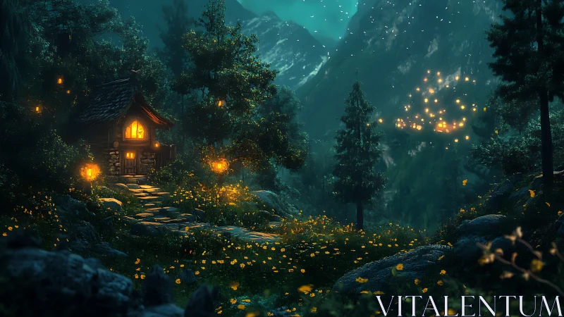 Nocturnal alpine cottage with luminous lantern cluster field.