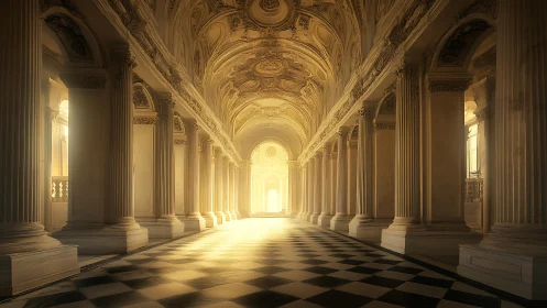 Sunlit baroque hallway with ornate columns and arches.