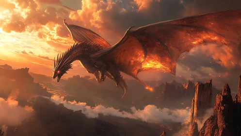 Fire dragon soaring above volcanic cliffs at sunset.