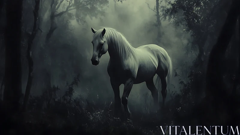 White horse stands in misty forest under moody light.