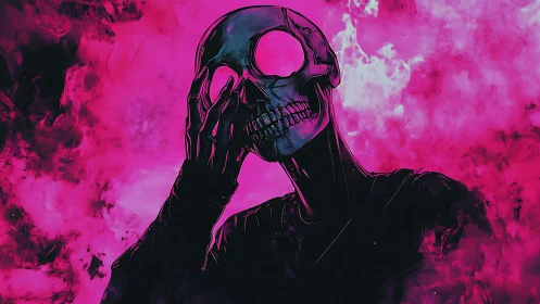 Neon magenta skeletal figure in smoke with hollow ocular voids