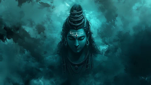 Divine blue deity emerges from swirling cosmic mist.