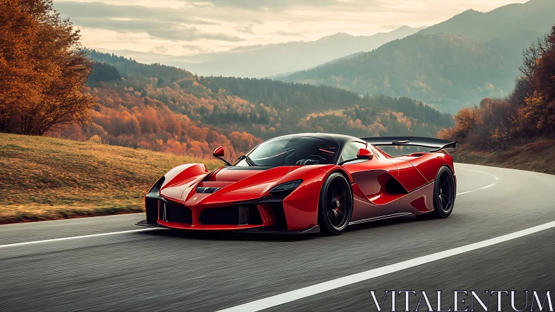 Crimson hypercar skims through autumn hillsides in a blaze