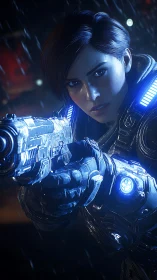 Cinematic 3D portrait of armored sci-fi operative in rainstorm.