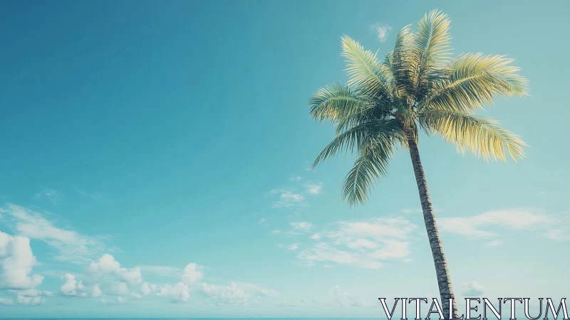 Solitary Coconut Palm Against Turquoise Sky and Horizon Line.
