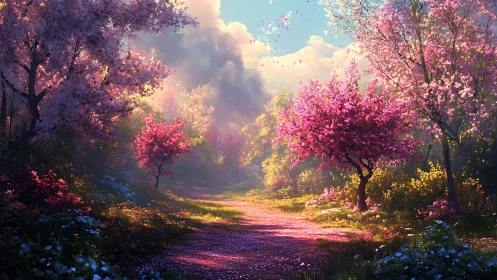 Blossom-bright pathway drifts into a dream-tinted horizon