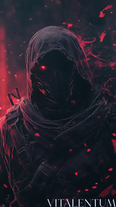 Hooded humanoid figure with red glowing eye in dark setting.