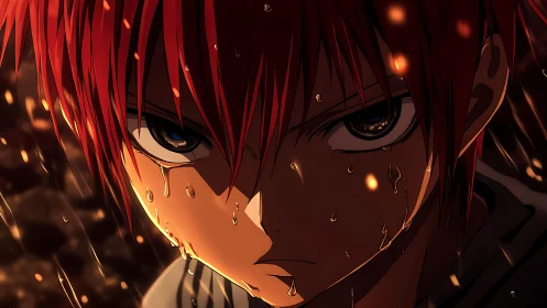 Red-haired anime hero stares ahead through rain and embers
