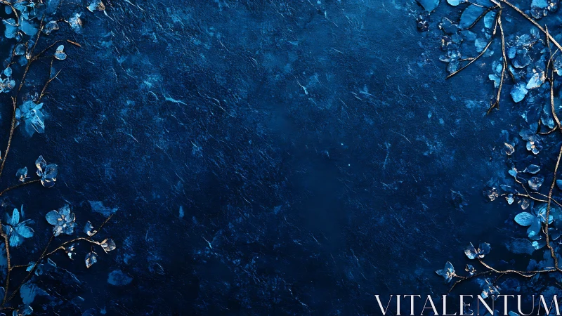 Blue textured background contains metallic floral border elements