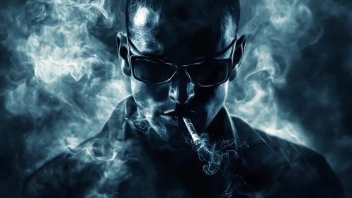 Male figure in sunglasses smoking amid dense digital smoke.