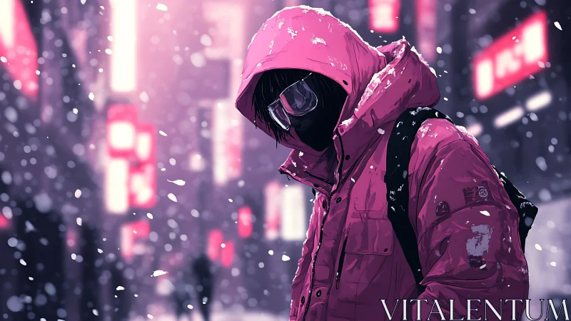 Hooded traveler in pink coat strolling through neon snowfall.