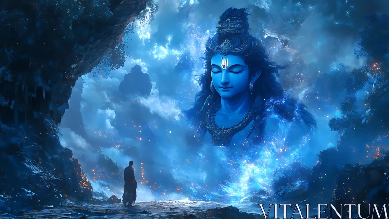 Divine blue deity vision amid cosmic cave landscape.