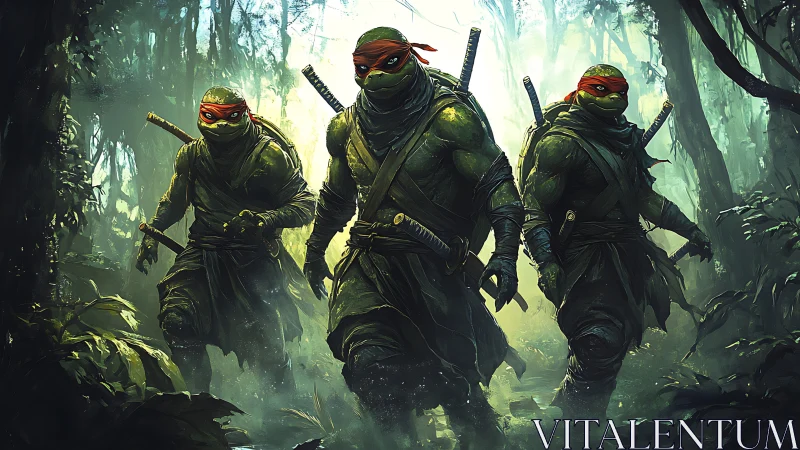 Stealthy turtle warriors stride boldly through a misty jungle