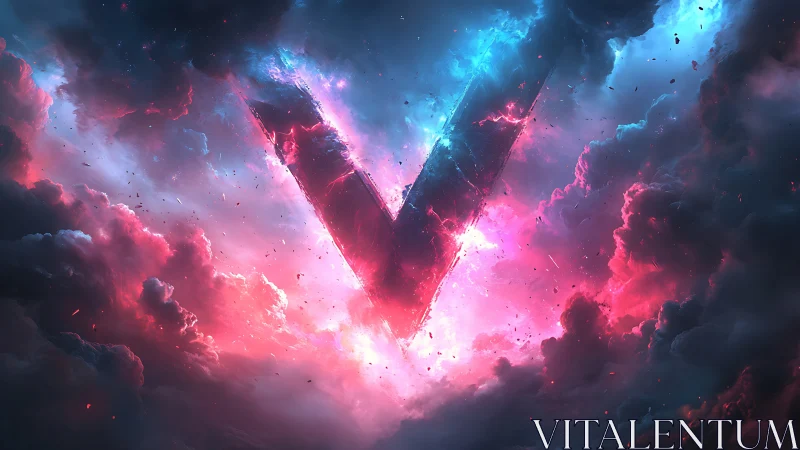 Large luminous V-shaped structure intersects colored storm clouds