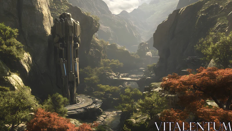 Futuristic monolith embedded in sunlit mountain gorge.
