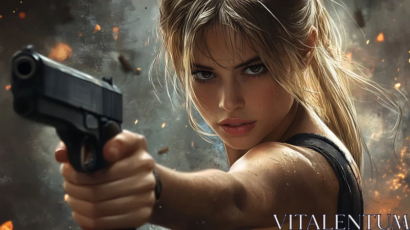 Gunmetal resolve blazes from a battle-scarred heroine