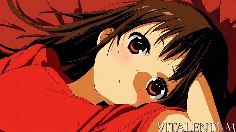 Anime girl lying on red surface in close-up profile view.