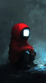 Childlike figure with glowing screen head in red hooded coat.