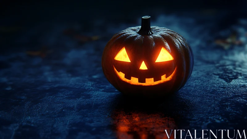 Glowing jack-o-lantern on wet night street, eerie contrast.