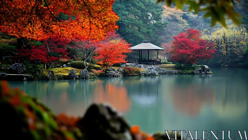 Serene Japanese garden pavilion framed by autumn foliage.