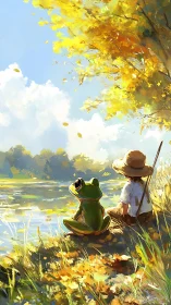 Child and frog share quiet lakeside moment under gold tree
