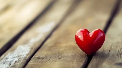 Red heart-shaped object on wooden surface.