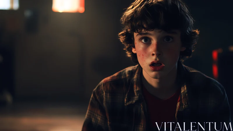 Teen boy in dim interior with focused, front lighting view.