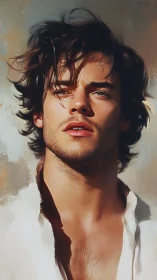 Sunlit dreamer with windswept hair and luminous gaze poised.